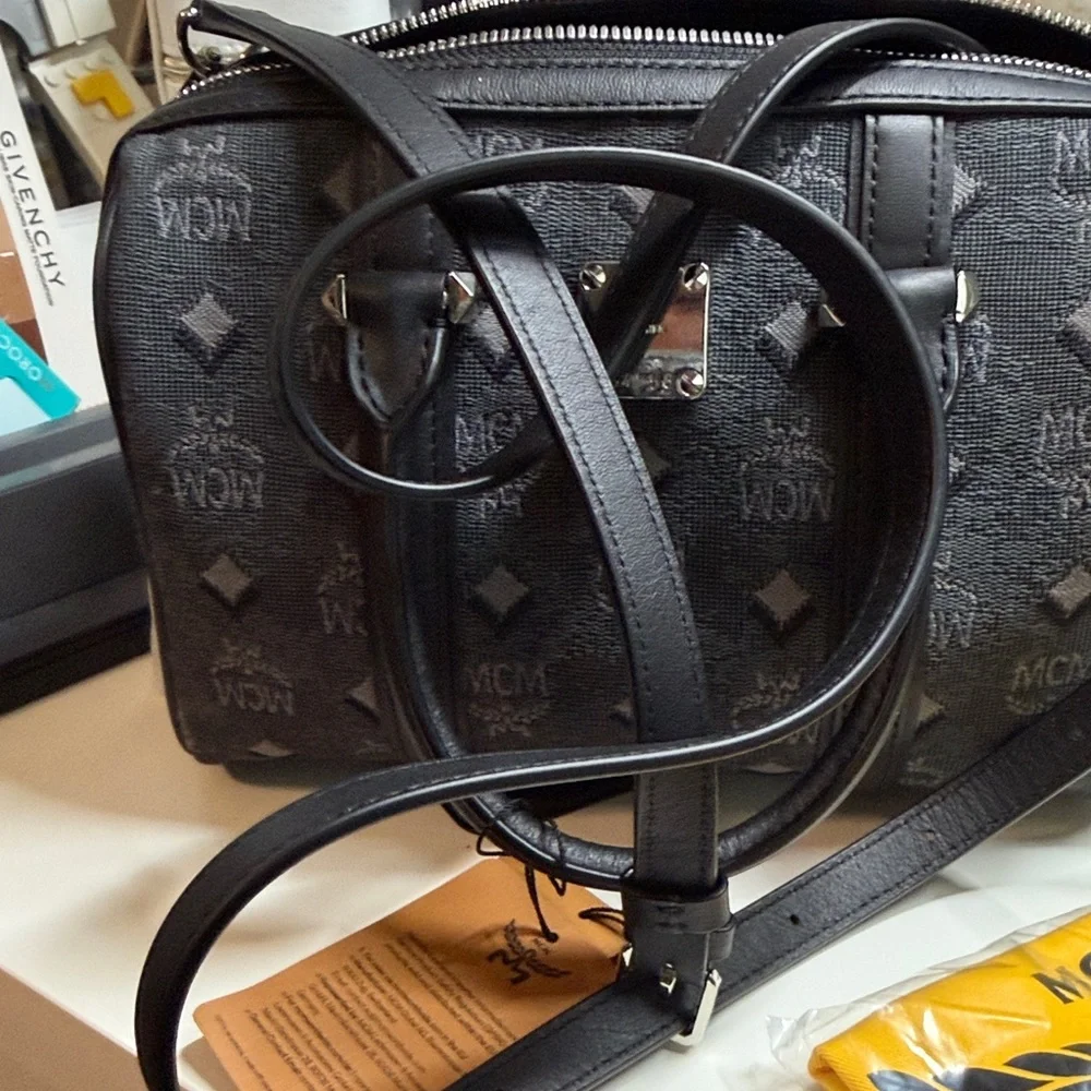 NWT MCM Black Denim Visetos Monogram Boston Bag